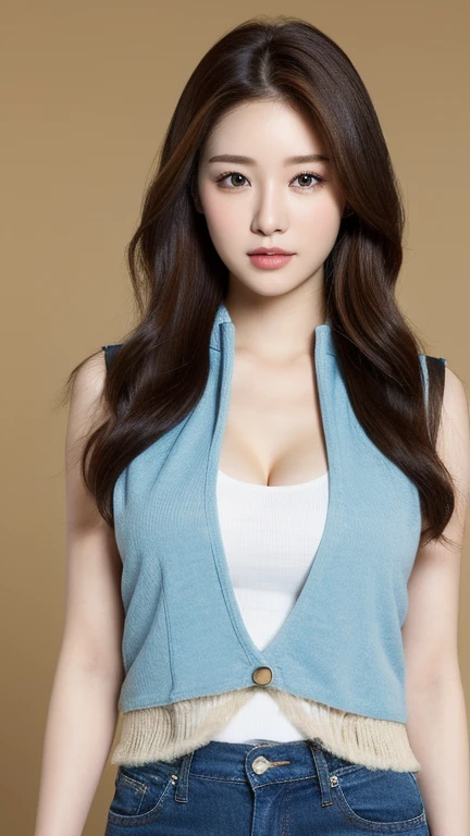 （lifelike， High resolution：1.3）， 1 girl with perfect figure， The face shape and eyes are super delicate，Long hair， random color vest：1.2， Short jeans， Big howing cleavage