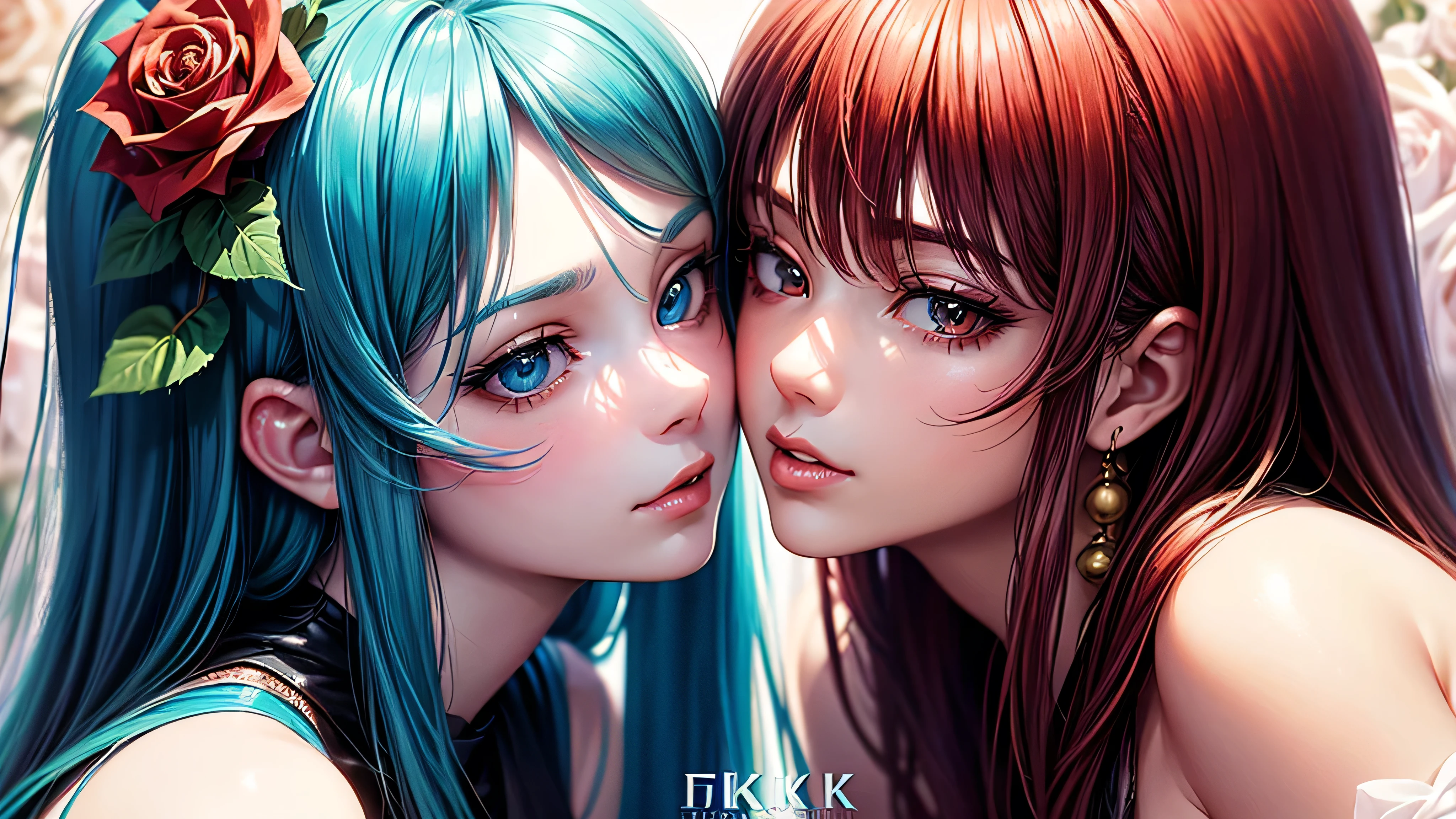 There is a close up of 2 kissing females, they hugging each other and passionaly kissing in the rose garden, (ultra high quality fantasy art, dafk fantasy style, masterpiece, ultra highquality character design, 8k quality anime art, realistic anime art, top quality wallpaper illustration, detailed ultra high quality acurate face, highquality design and acurate physic)