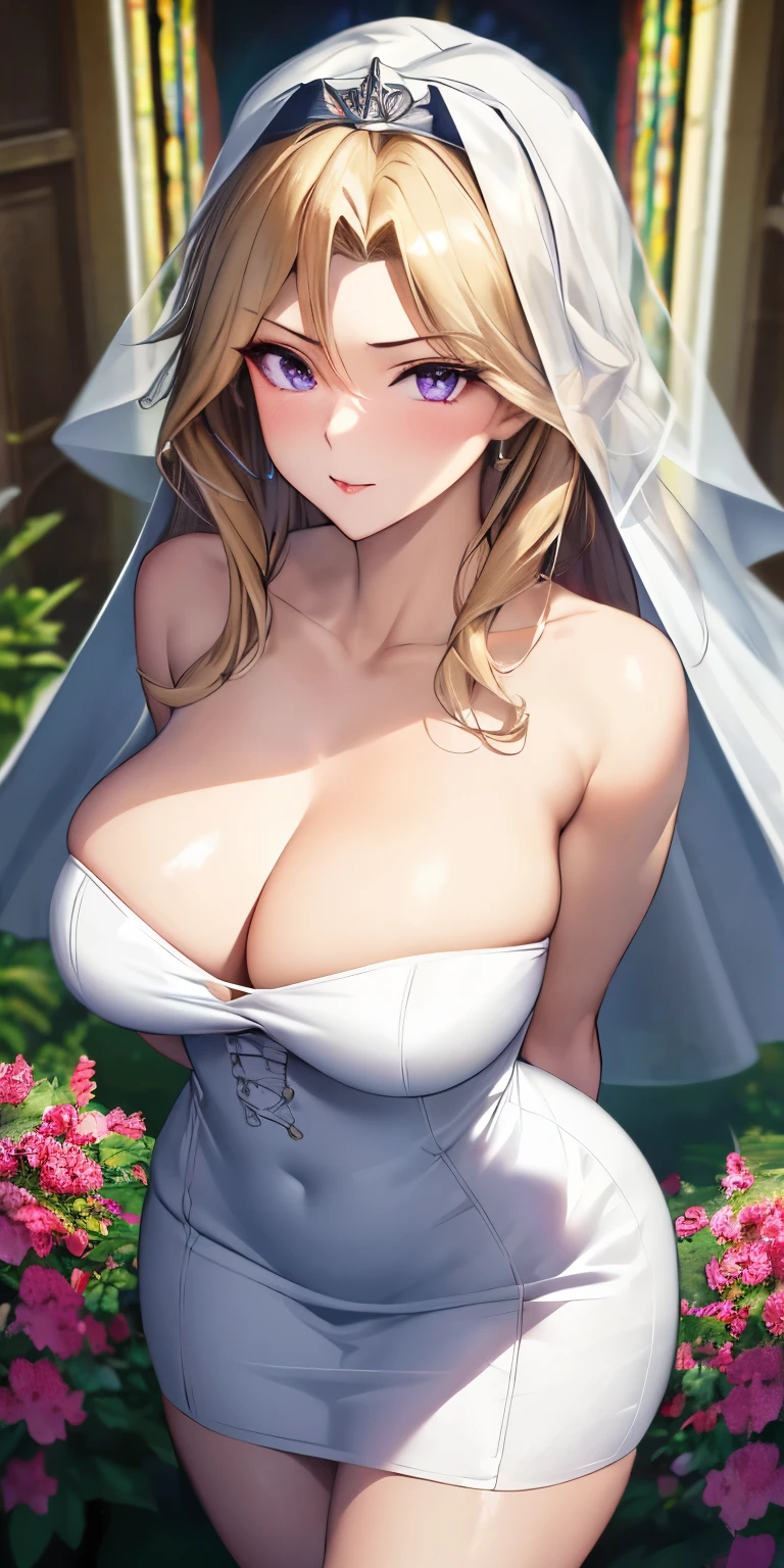 masterpiece, best quality, ultra-detailed, illustration,masterpiece, Best quality, high resolution, high resolution, blonde hair, purple eyes,large hair, beautiful detailed eyes, looking at viewer in a seductive look, close up, (breast focus), (arms behind back:1.2), (from above:1.1),big sized breasts, attempt to seduce,blush, cleavage ,(wide thighs), (weeding dress), (white dress),(white veil),(tight dress),((inside church))
