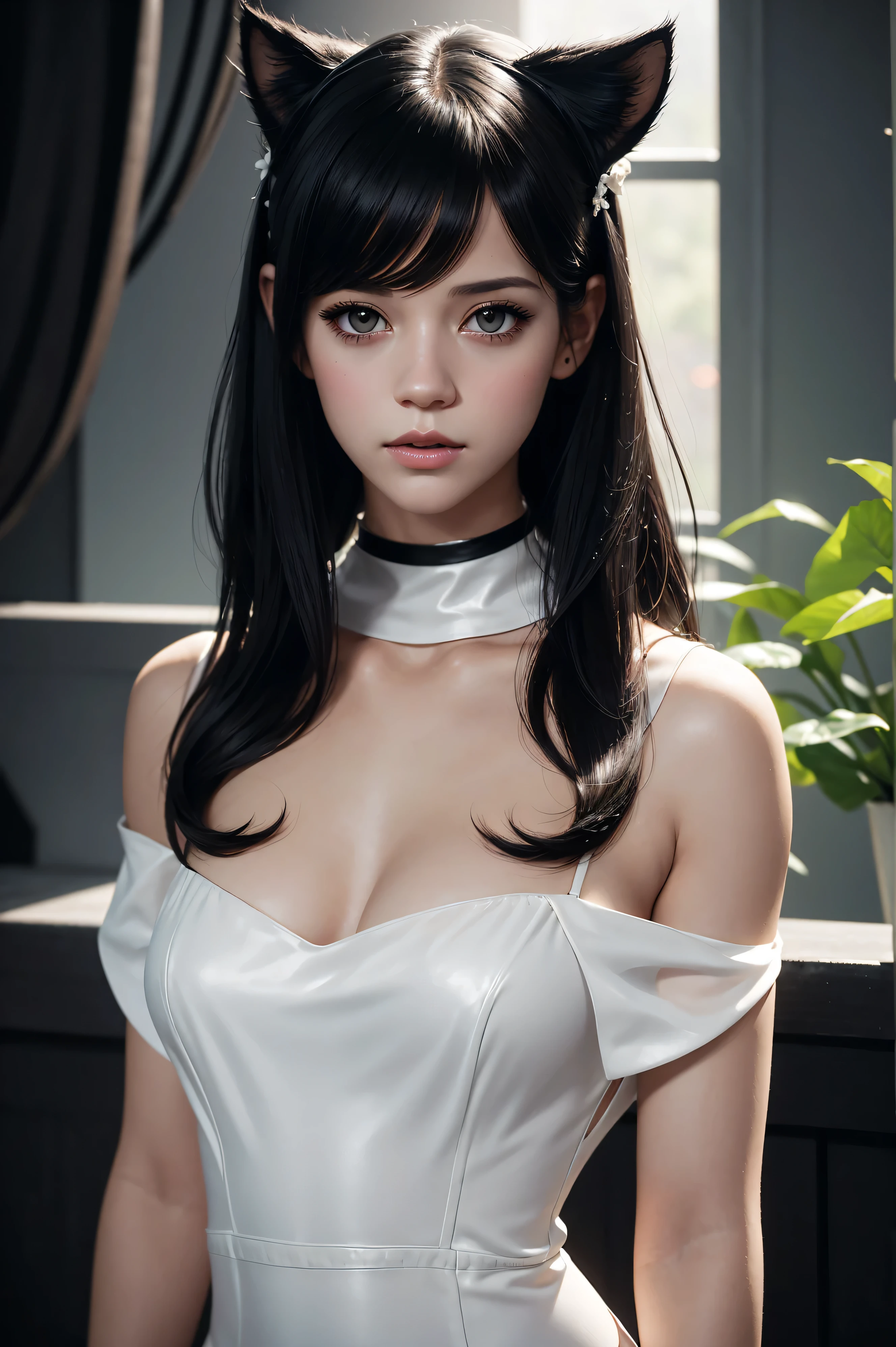 Realistic detailed semirealism beautiful gorgeous cute Lyndsy Fonseca wearing white wet silky dress, black hair black cat ears, black leather choker, proportional body, wlop, aztodio, taejune kim, sakimichan, artgerm, pixiv, instagram, artstation