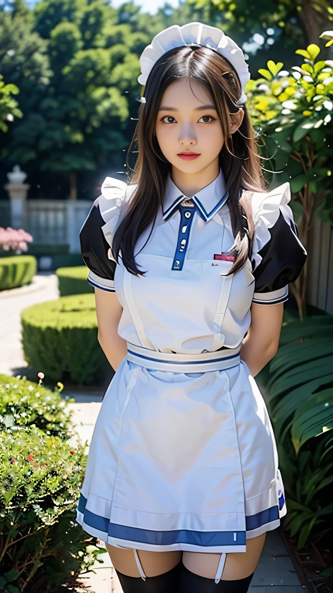 8K, ultra high resolution, best quality, masterpiece, surreal, picture, 1 girl, (16 years old: 1.3), Pretty Woman, Cute face, beautiful details, (maid uniform: 1.5), ((shining eyes)), in the garden, black stockings, high heel,gatherbelt, whole body, sexy