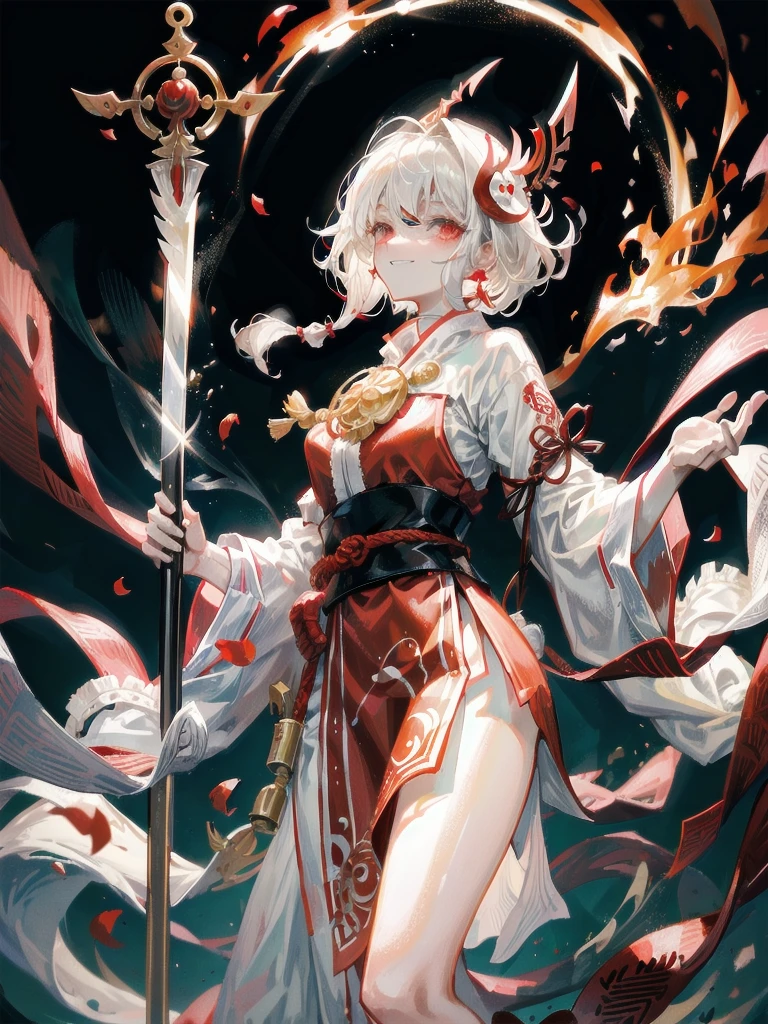 ((in shrine)), red-black costume, holding a sword, Onmyoji, nobushi, Flowing white robe, Ghost fire, Daoism, (put on Mask), absurdres, RAW photo, extremely delicate and beautiful, masterpiece, Best Quality, ultra high resolution, 32k, hyperrealistic, ultra-detailed, detailed description, pale skin, 20 years old, tearful mole, earring, Colossal tits, short medium hair, wavy hair, evil grin, full body shot,