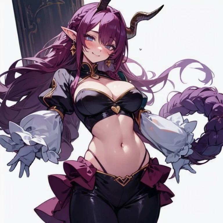 Masterpiece, best quality, expressive eyes, perfect face, 1girl, solo, grapes, horns, breasts, smile, monster girl, looking at viewer, fruit, braid, pointy ears, blush, jewelry, simple background, white background, gloves, puffy sleeves, white gloves, earrings, hair over one eye, navel, food, cowboy shot, large breasts, instrument, tail, juliet sleeves 