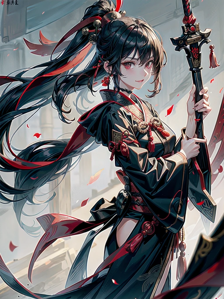 ((in shrine)), red-black costume, holding a sword, Onmyoji, nobushi, Flowing white robe, Ghost fire, Daoism, (put on Mask), absurdres, RAW photo, extremely delicate and beautiful, masterpiece, Best Quality, ultra high resolution, 32k, hyperrealistic, ultra-detailed, detailed description, pale skin, 20 years old, tearful mole, earring, Colossal tits, short medium hair, wavy hair, evil grin, full body shot,