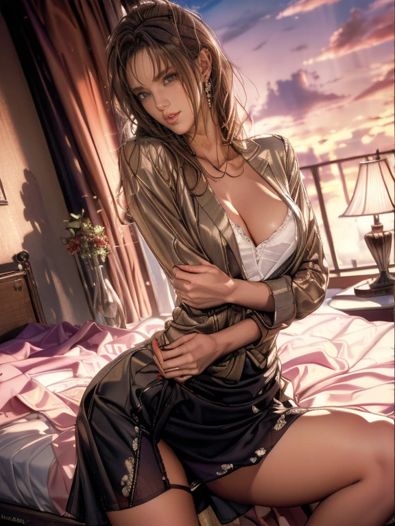 (8k,Photorealistic, masutepiece, Best Quality, Raw photo:1.3)、1woman in, 25years old,Solo,teacher, Long hair, Brown hair, Detailed beautiful face, alluring face, (Detailed beautiful brown eyes:1.2), medium breasts,(loose suit, sheer Skirt :1.35), ( Perfect body skinny beauty: 1.4),( temptation Sexy Pose:1.5), (from side:0.5),  (Looking at Viewer,looking at camera, eyes focus:1.5), Detailed background, (sunset:1.2), fine detailed, intricate detailes,  Ray tracing, depth of fields, seductive smile,hotel room,on bed,