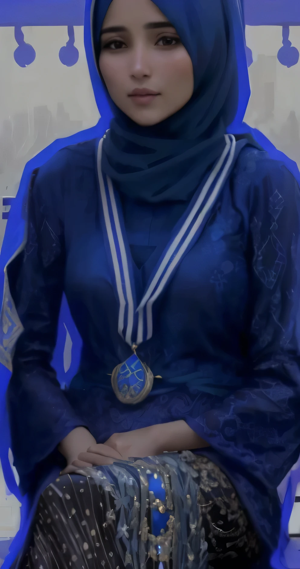 a close up of a woman sitting on a bench wearing a blue hijab, wearing many medallions, 2.large breast