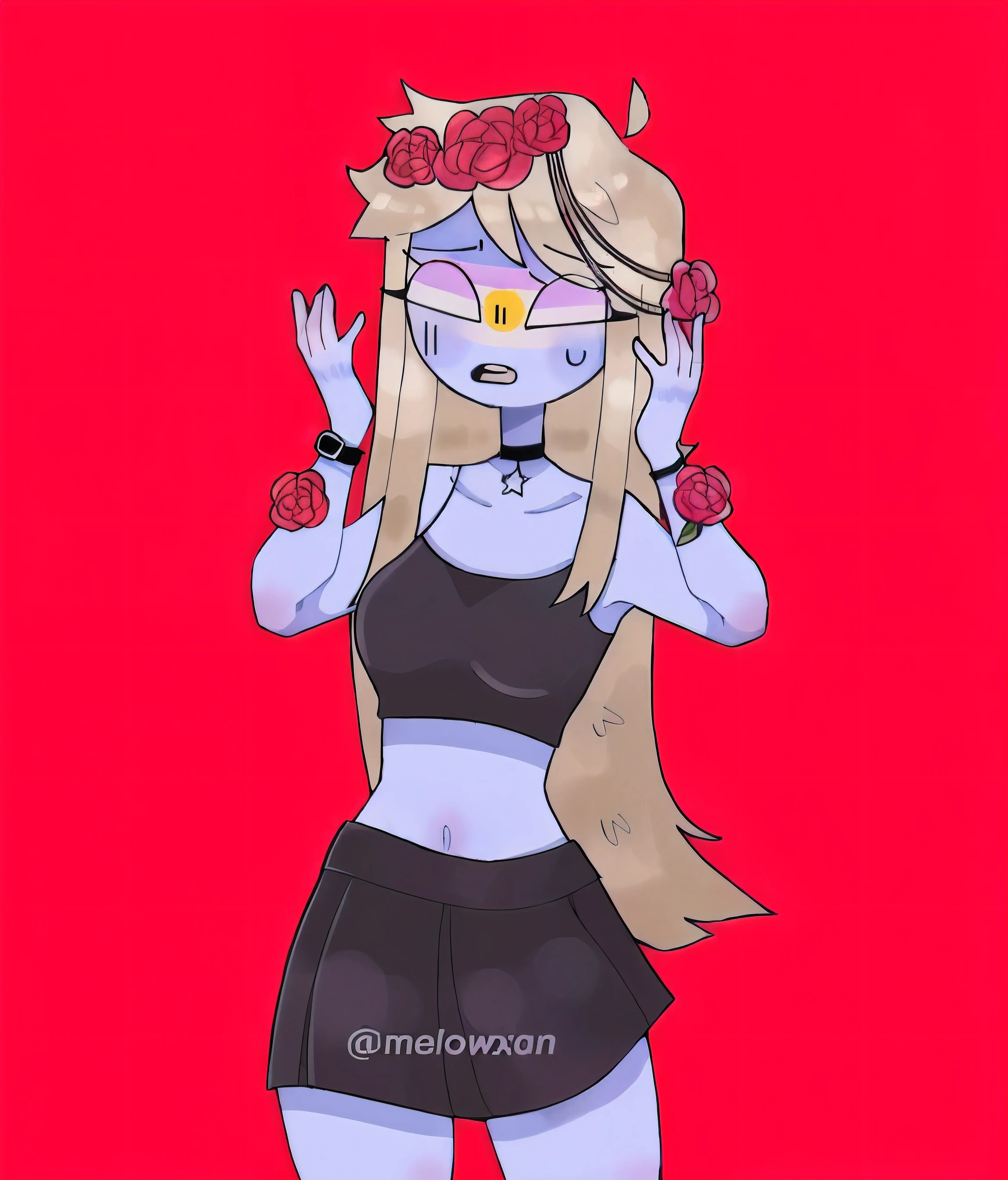 a drawing of a girl with long blonde hair and a black top, she has pale blue skin!!!, unknown art style, cel - shading art style, desaturado!!, sin sombreado, fanart de alta calidad, que se le vea sus tetas, con piel azul, in the art style of 80s anime, en un estilo anime, fanart oficial