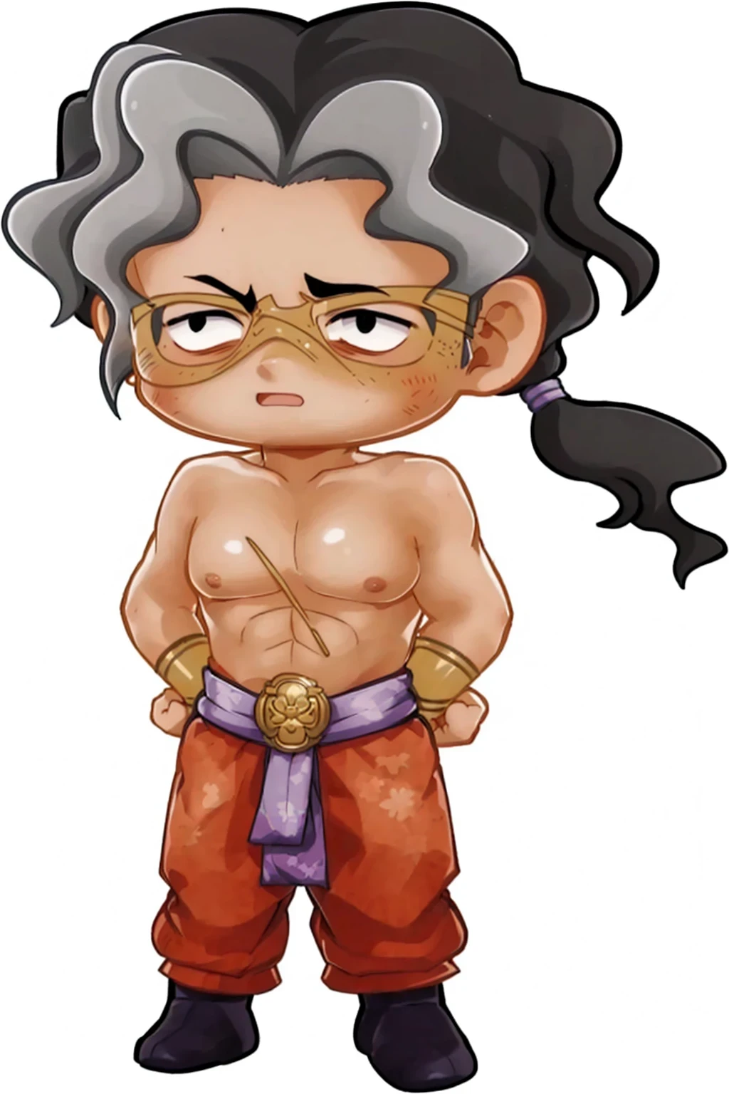 a cartoon image of a man with a shirtless face and a tie, chibi, as a character in tekken, inspired by Li Kan, inspired by Kanbun Master, akira toriyama style, advanced digital chibi art, inspired by Fujishima Takeji, heroic muay thai stance pose, inspired by I Ketut Soki, Inspired by Tawaraya Sōtatsu