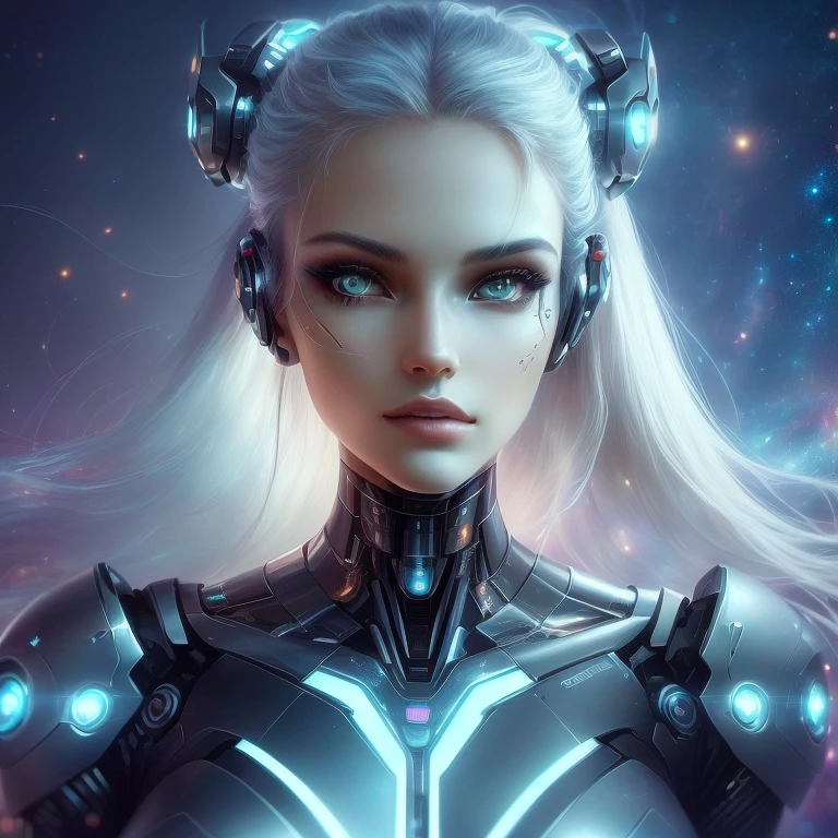 a close up of a woman with a futuristic head and a futuristic body, cyborg goddess in cosmos, portrait beautiful sci - fi girl, cyborg - girl with silver hair, beutiful girl cyborg, beautiful female android, beautiful android woman, cyborg - girl, cyborg girl, portrait of female humanoid, beautiful cyborg girl, sci-fi digital art, beautiful female android!