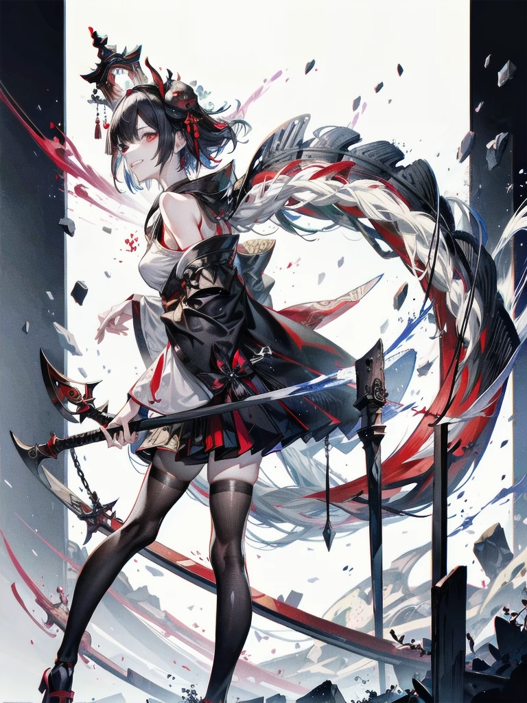 ((in shrine)), red-black costume, holding a sword, Onmyoji, nobushi, Flowing white robe, Ghost fire, Daoism, (put on Mask), absurdres, RAW photo, extremely delicate and beautiful, masterpiece, Best Quality, ultra high resolution, 32k, hyperrealistic, ultra-detailed, detailed description, pale skin, 20 years old, tearful mole, earring, Colossal tits, short medium hair, wavy hair, evil grin, full body shot,