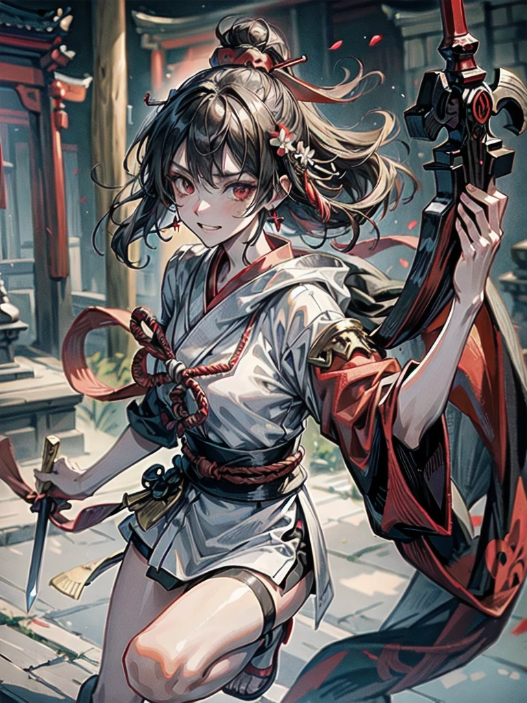 ((in shrine)), red-black costume, holding a sword, Onmyoji, nobushi, Flowing white robe, Ghost fire, Daoism, (put on Mask), absurdres, RAW photo, extremely delicate and beautiful, masterpiece, Best Quality, ultra high resolution, 32k, hyperrealistic, ultra-detailed, detailed description, pale skin, 20 years old, tearful mole, earring, Colossal tits, short medium hair, wavy hair, evil grin, full body shot,