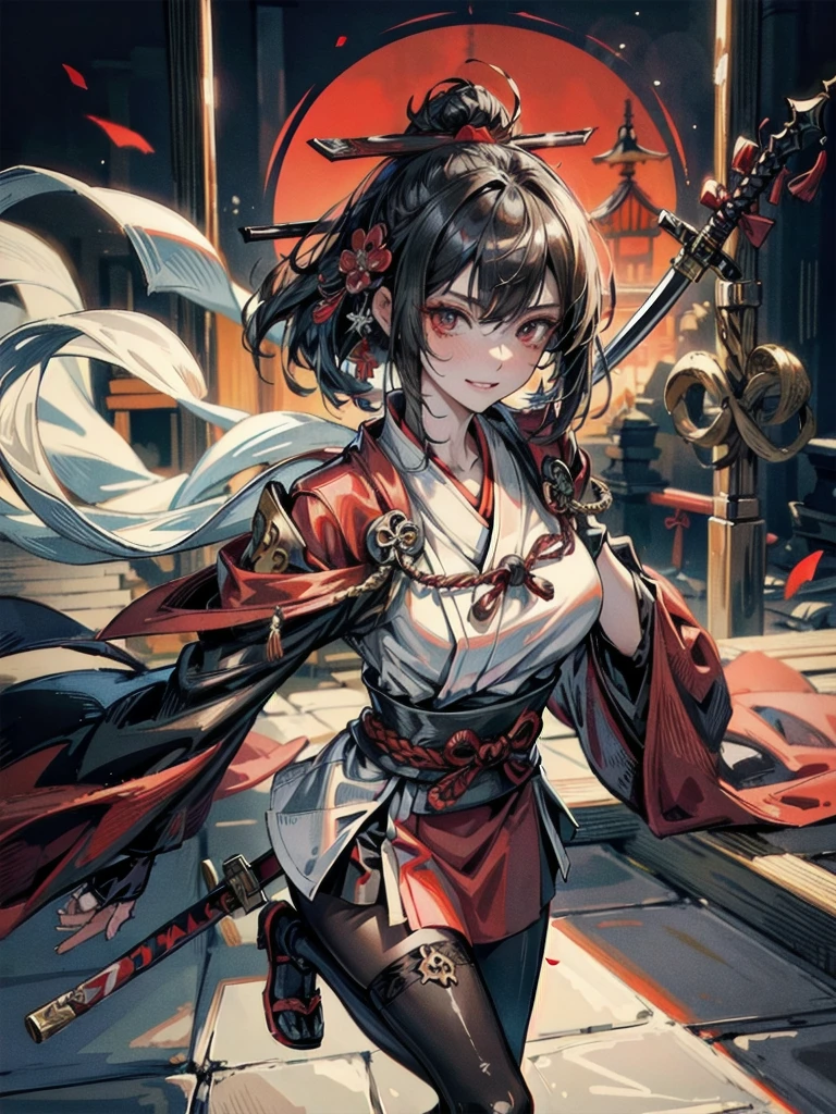 ((in shrine)), red-black costume, holding a sword, Onmyoji, nobushi, Flowing white robe, Ghost fire, Daoism, (put on Mask), absurdres, RAW photo, extremely delicate and beautiful, masterpiece, Best Quality, ultra high resolution, 32k, hyperrealistic, ultra-detailed, detailed description, pale skin, 20 years old, tearful mole, earring, Colossal tits, short medium hair, wavy hair, evil grin, full body shot,