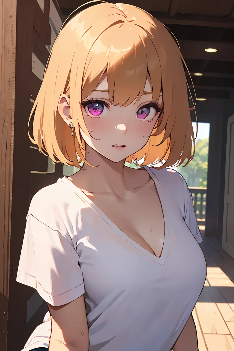 (Highest quality, 8k :1.2), (masterpiece :1.3), One girl, Beautiful woman with slim abdominal muscles :1.3, short hair, Huge breasts, Highly detailed face, Detailed eyes, double eyelid, Blonde, Recall, Outdoor, Perfect beauty,When viewed from the front, the eyebrow on the right side is extremely thick and distorted.