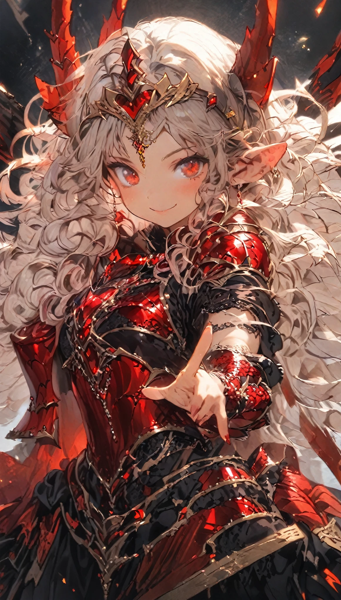 masterpiece, highest quality, Very detailed, High resolution, Japanese anime,One girl, Silver Hair, (Medium length hair:1.4), Side braids, Curly Hair, Wavy Hair, Drill Hair, Curl your hair outwards,Dragon Horn, Mechanical Wing, (vampire:1.2), (Red eyes:1.5), (Beautiful fine details:1.4), smile, Height: 130cm, original character, Fantasy, (Black background:1.2), (whole body:1.8), Beautiful fingers, Are standing, (Black and red lace frill armor dress:1.5), (tiara studded with gemstones:1.5) , Shoot from the front, View your viewers
