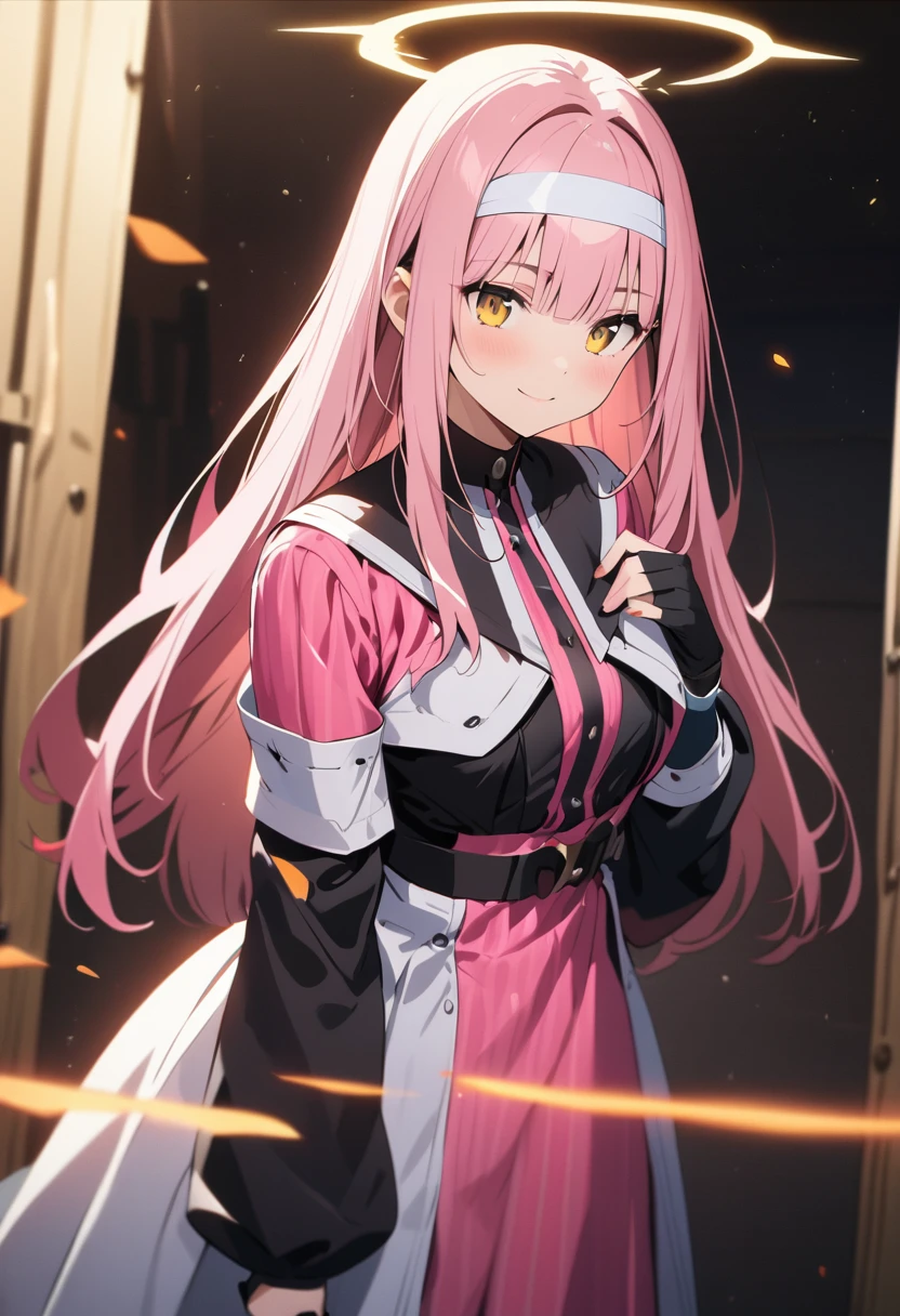 (masterpiece、highest quality、Highest quality、Super detailed description、Bust Top:1.2)、Anime Style、Super Flat Style、Cinematic Lighting、Depth of subject、Blur、pale、Model standing pose、Maria's smile、Girl 1、((Pink Long Hair))、Straight Bangs、Yellow Eyes、BREAK ((A simple white headband))、BREAK Black and white long fit＆Flared Dress、Black striped tights and long boots、ripple、Angel Halo、Blue Gem、cross、Disorganized、(Closed:1.3)