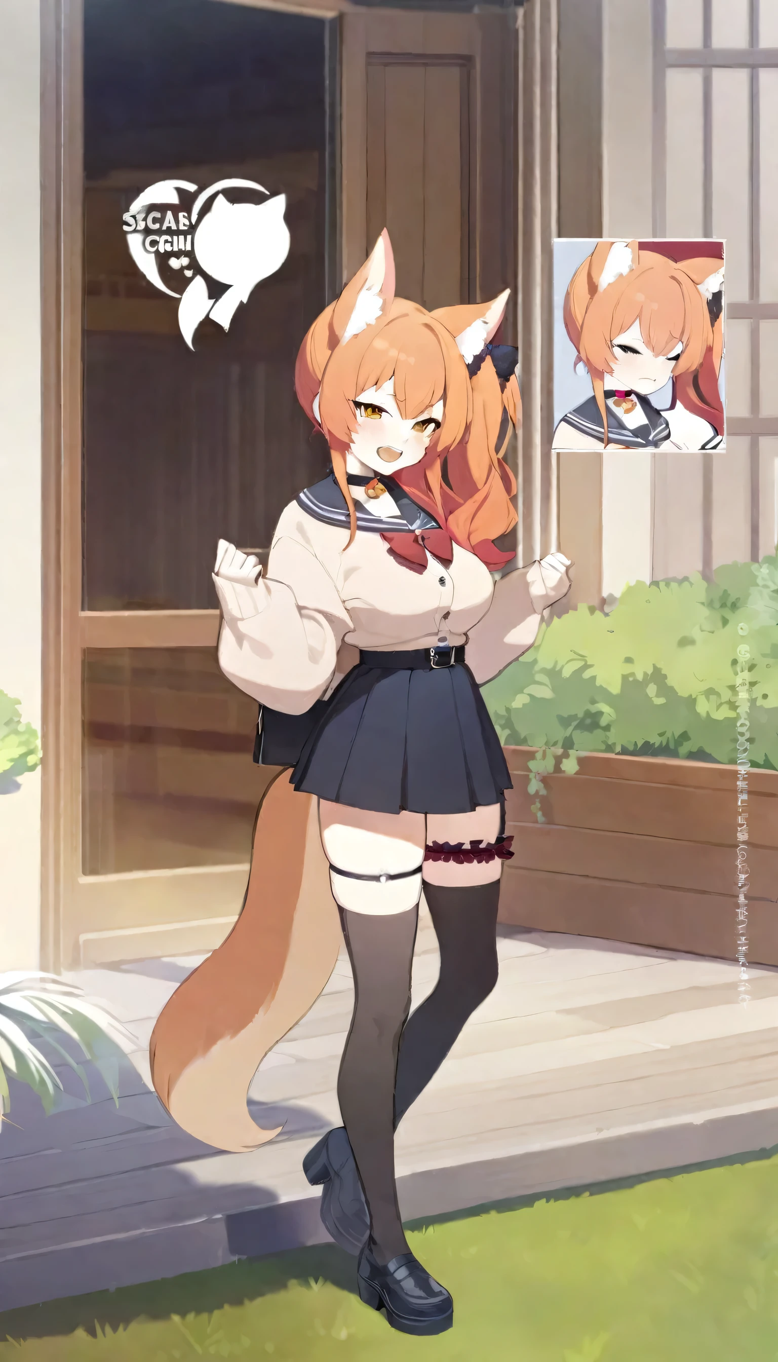 One Girl,Shiba Inu Ears,Shiba Inu tail,high school student,Gal,whole body,Are standing,Dynamic,Concept Art,Side Ponytail,Scrunchie,Scrunchie Hair Ornament,Black collar,Heart-shaped accessory on collar,Kemomimi,Bright orange hair,Beauty,Fashionable clothes,Rin々Funny face,Double teeth,cool,18-year-old,Stylish,Height: 168cm,Bangs that extend between the eyes,uniform,Wearing a cardigan,Long sleeves,Leg Garter Ring,Belted stockings,Toned body,Medium chest,Carnal breasts,Cool eyes,Tsundere,Bad look,uniform,