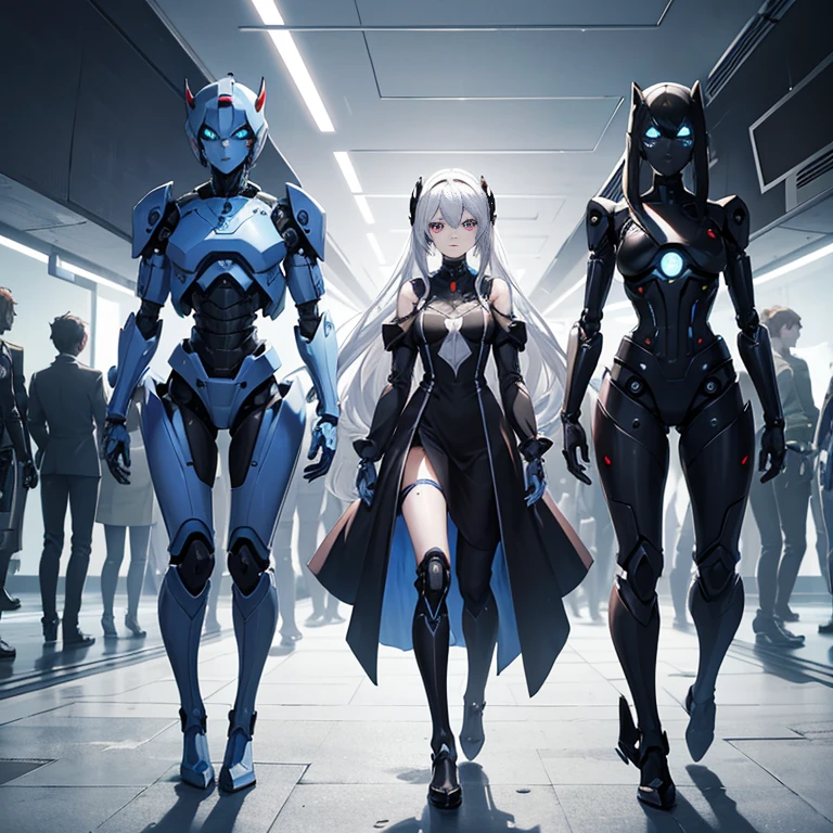 Multiple robot women,
They all have perfect human female faces..,
Everything is mechanical except for the face.,
Not everyone is dressed,
They all have different hair colors,
Everyone has a different hairstyle,
Everyone has different eye colors,
Very detailed,
smile,
Everything is mechanical except for the face.,
They all have mechanical limbs.,
There are not enough clothes for everyone,
All exposed internal skeletons,
Everyone has a different colored endoskeleton.,
Full Body Shot,
Millions of Robot Girls,
Crowded,
Robot girls are marching in the background.,
Everyone is showing each other their bodies,
Embarrassing