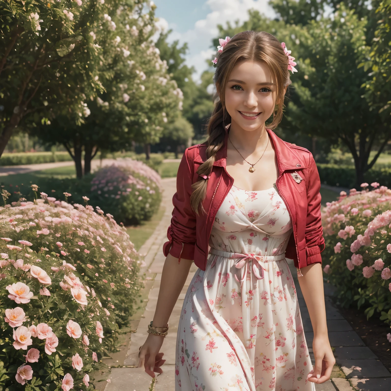 UHD, (masterpiece, highest quality), Aerith Gainsborough, (1 young beautiful girl, solo:1.1), (hair, long hair, brown hair, dutch hair, Braided ponytail), (Eyes, Big Eyes:1.2), (green Eyes:1.1), bow, ribbon, jewelry, necklace, (Breasts, (natural mid breasts:1.2)), hair ribbon, Braid, flower, hair bow, side lock, lips, parted lips, bracelet, (Jacket, Red Jacket, Open Jacket, short sleeve, cropped Jacket), (Dress, Long Dress, Pink color Dress), Depth of the bounds written, white flower, realistic, nose, cowboy shots, blossoming garden, Natural Light Portraits, smile, (happy smile:1.2)