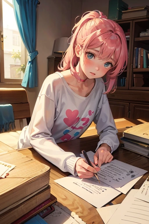 1girl,solo,cute,shy,blush,in house,she write a loveletter on the table,her room, letters are scattered, her room is a mess for letter