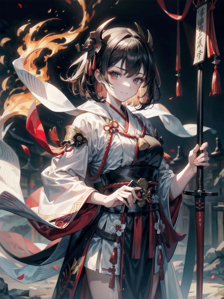 ((in shrine)), red-black costume, holding a sword, Onmyoji, nobushi, Flowing white robe, Ghost fire, Daoism, (put on Mask), absurdres, RAW photo, extremely delicate and beautiful, masterpiece, Best Quality, ultra high resolution, 32k, hyperrealistic, ultra-detailed, detailed description, pale skin, 20 years old, tearful mole, earring, Colossal tits, short medium hair, wavy hair, evil grin, full body shot,