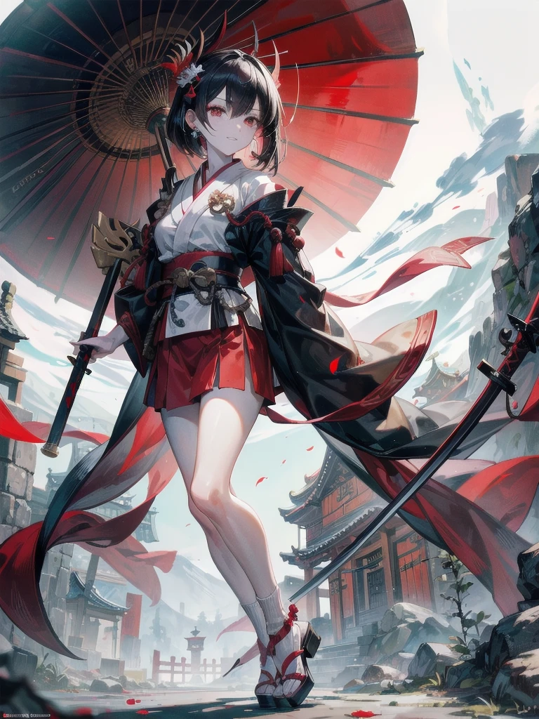 ((in shrine)), red-black costume, holding a sword, Onmyoji, nobushi, Flowing white robe, Ghost fire, Daoism, (put on Mask), absurdres, RAW photo, extremely delicate and beautiful, masterpiece, Best Quality, ultra high resolution, 32k, hyperrealistic, ultra-detailed, detailed description, pale skin, 20 years old, tearful mole, earring, Colossal tits, short medium hair, wavy hair, evil grin, full body shot,