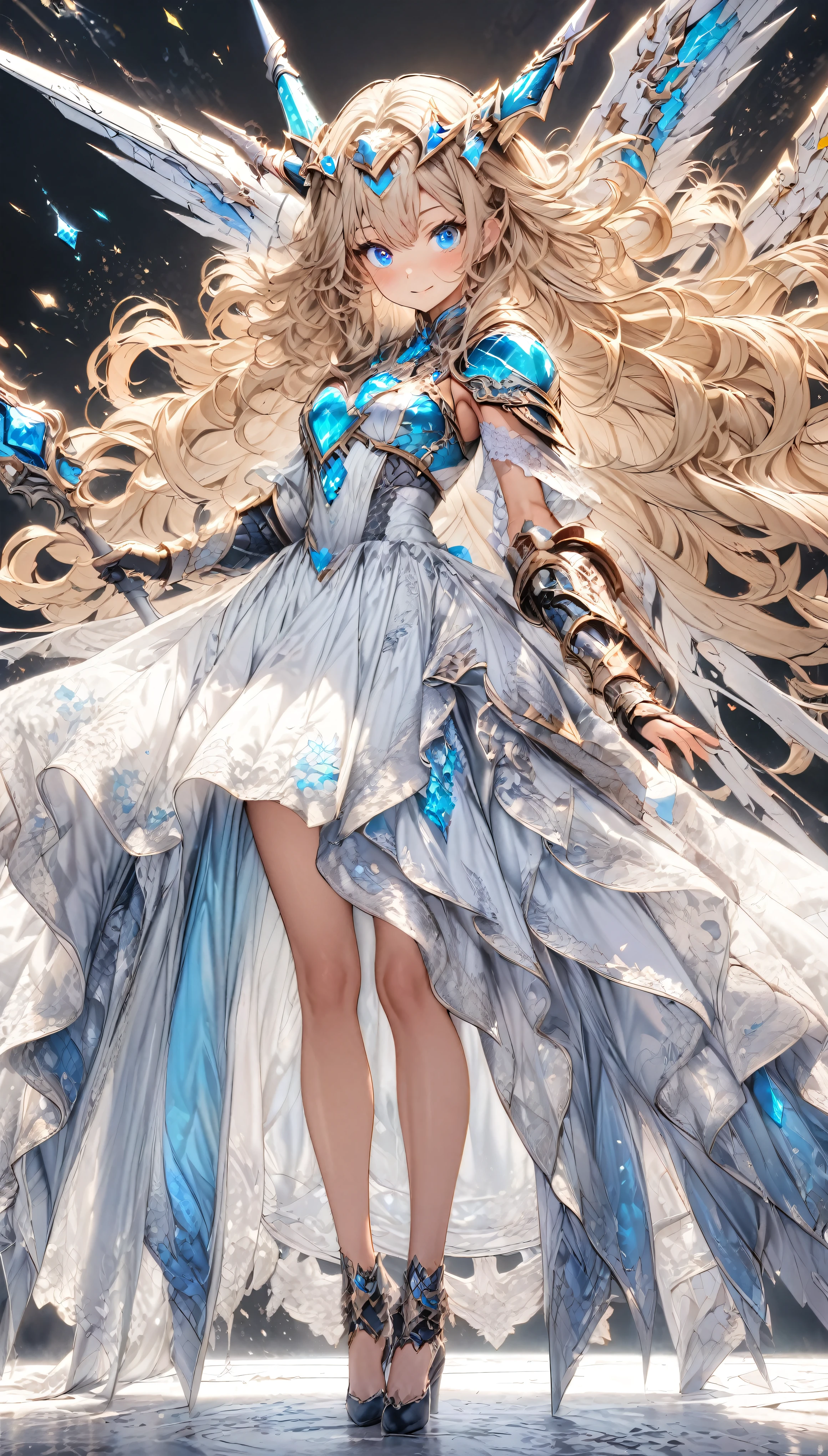 masterpiece, best quality, extremely detailed, high resolution, Japanese anime,1girl, gold hair, (medium length hair:1.4), curly hair, wavy hair, drill hair, (mechanical horn:1.5), mechanical wing, (blue eyes:1.5), (beautiful detailed eyes:1.4), laugh, 130cm tall, original character, fantasy, (black background:1.2), (full body:1.8), beautiful fingers, standing, (white blue lace frill armor dress:1.5), (bejeweled headgear:1.5) , shoot from front, looking at viewer
