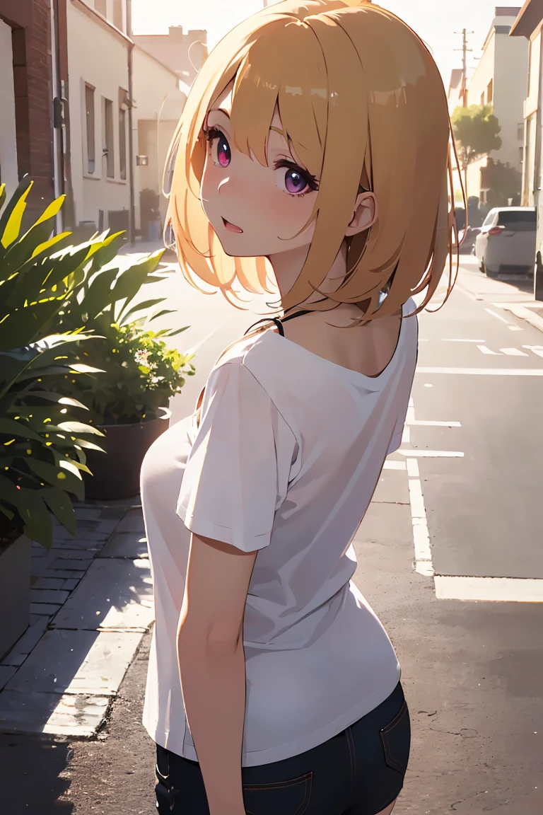 masterpiece, absurdres, best quality, ultra detailed, high Resolution, detailed illustration, bright colour, (extremely beautiful detailed face and eyes, Delicate beautiful face, 1 girl, cute face:1.3), (magenta eyes:1.1), sparkling eyes, big eyes, medium breasts, (perky breasts:1.1), (pointy breasts:1.1), medium hips, glamorous body, white skin, BREAK, long bob cut, (blonde hair:0.8), messy hair, detailed hair, shiny hair, BREAK (v neck t shirt, down blouse:1.5), perfect lighting, (embarrassed:1.5), (ecstasy, vulgarity:1.5), (trembling:0.8), (Diagonally from behind:1.5),