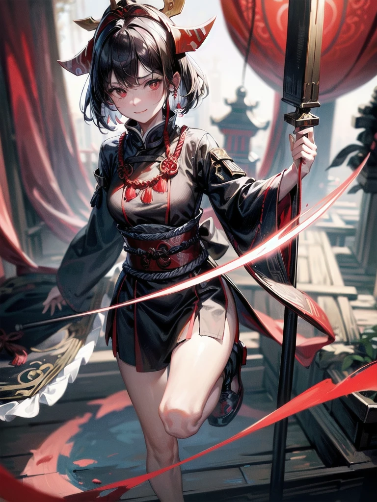 ((in shrine)), red-black costume, holding a sword, Onmyoji, nobushi, Flowing white robe, Ghost fire, Daoism, (put on Mask), absurdres, RAW photo, extremely delicate and beautiful, masterpiece, Best Quality, ultra high resolution, 32k, hyperrealistic, ultra-detailed, detailed description, pale skin, 20 years old, tearful mole, earring, Colossal tits, short medium hair, wavy hair, evil grin, full body shot,