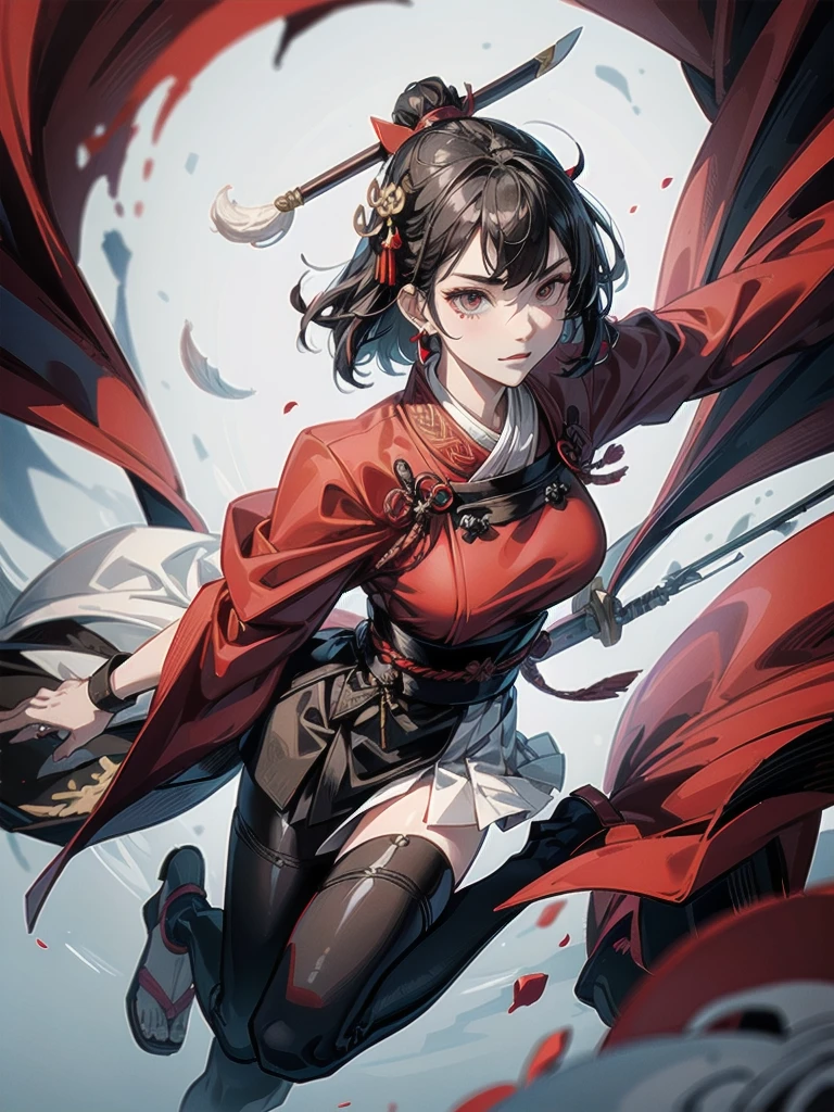 ((in shrine)), red-black costume, holding a sword, Onmyoji, nobushi, Flowing white robe, Ghost fire, Daoism, (put on Mask), absurdres, RAW photo, extremely delicate and beautiful, masterpiece, Best Quality, ultra high resolution, 32k, hyperrealistic, ultra-detailed, detailed description, pale skin, 20 years old, tearful mole, earring, Colossal tits, short medium hair, wavy hair, evil grin, full body shot,