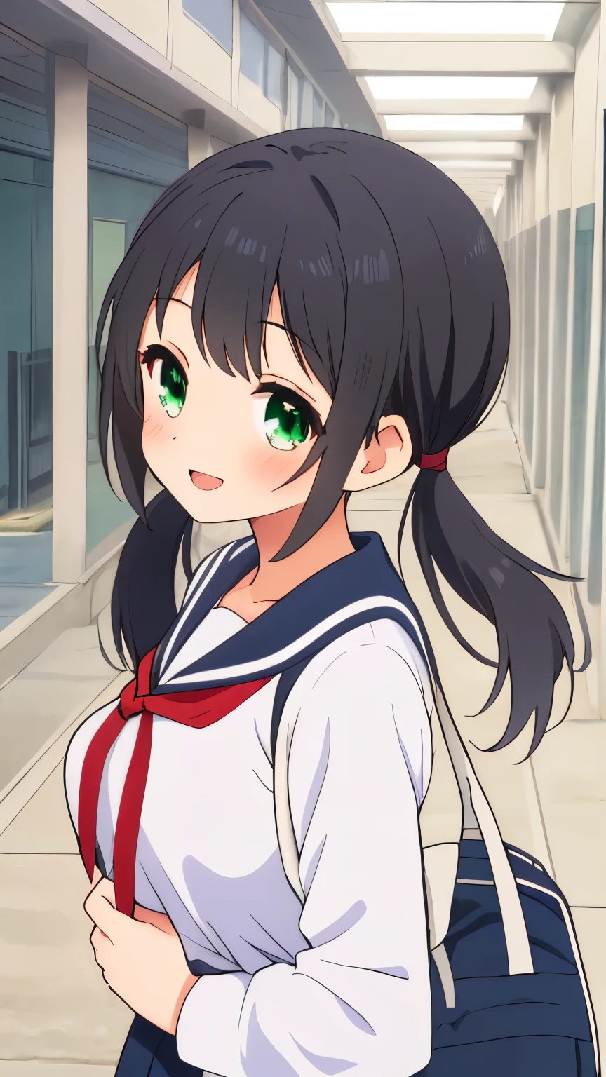 1 girl,(((beautiful girl))),(((Two knots,low twintail))),Black Hair,emerald eye,School corridor,smile,close mouth,from side,medium breasts