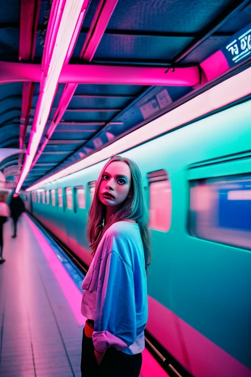 woman standing in a subway in a neon lights in a subway car, blue and pink and cinematic lighting, cinematic blue and pink lighting, cinematic and dramatic blue and pink light, high blue and pink lights, blue and pink lights, blue and pink neon lights, by Emma Andijewska, red lighting, atmospheric blue and pink lighting, blue and pink lighting on their faces, style of suspiria and neon demon, blue and pink neon, blue and pink light, long exposure
