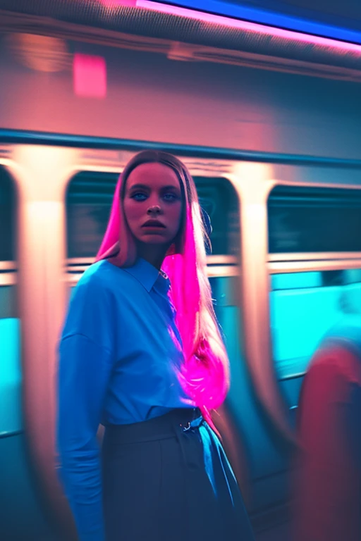 woman standing in a subway in a neon lights in a subway car, blue and pink and cinematic lighting, cinematic blue and pink lighting, cinematic and dramatic blue and pink light, high blue and pink lights, blue and pink lights, blue and pink neon lights, by Emma Andijewska, red lighting, atmospheric blue and pink lighting, blue and pink lighting on their faces, style of suspiria and neon demon, blue and pink neon, blue and pink light, long exposure