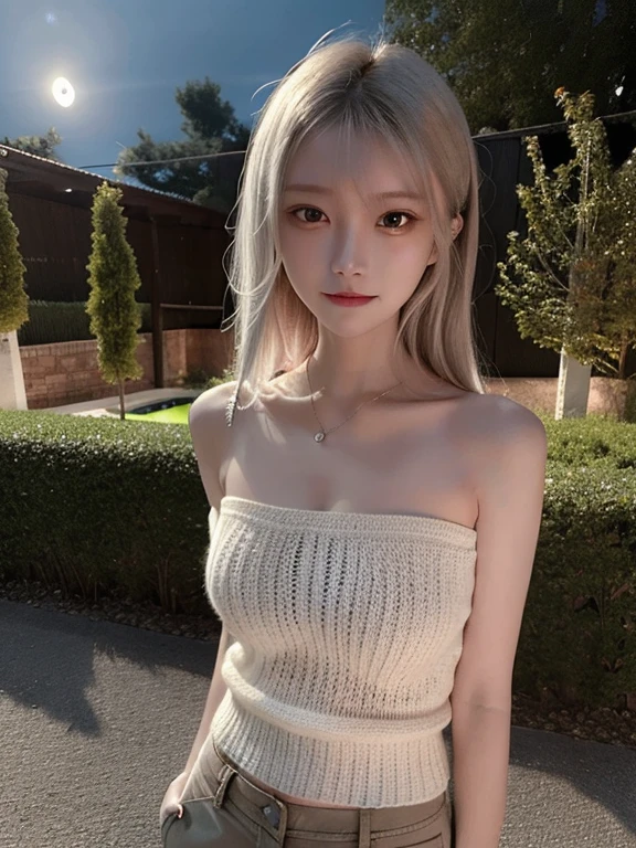 1 girl, Bare shoulders, A faint smile, Shiny skin top quality, masterpiece, (Realistic: 1.4), Knitting openwork, big, dark, night, Orange pale light, Shadow, Shadow, Low Light,smile