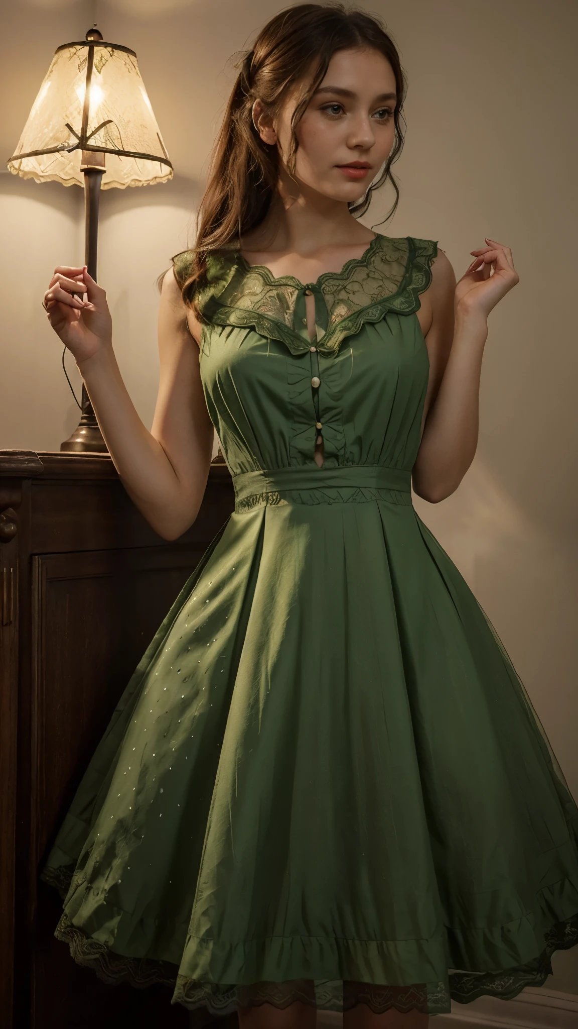  (simple style), green dress, Butterfly heart, pleated lace, Edwardian lace dress. add skin blemishes, acnes, spots beautifully, little smils, red lips, night time, super cute and gorgeous, 