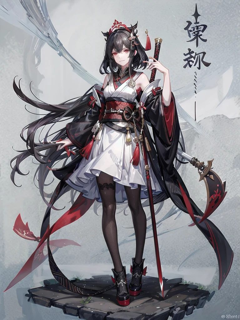 ((in shrine)), red-black costume, holding a sword, Onmyoji, nobushi, Flowing white robe, Ghost fire, Daoism, (put on Mask), absurdres, RAW photo, extremely delicate and beautiful, masterpiece, Best Quality, ultra high resolution, 32k, hyperrealistic, ultra-detailed, detailed description, pale skin, 20 years old, tearful mole, earring, Colossal tits, short medium hair, wavy hair, evil grin, full body shot,