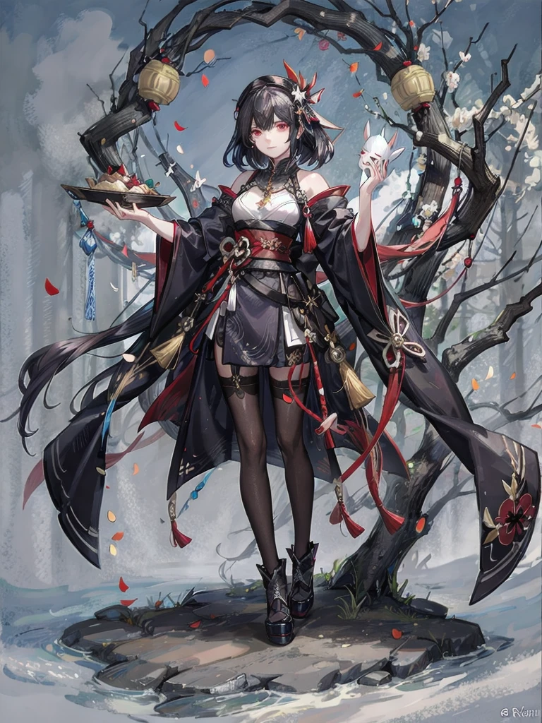 ((in shrine)), red-black costume, holding a sword, Onmyoji, nobushi, Flowing white robe, Ghost fire, Daoism, (put on Mask), absurdres, RAW photo, extremely delicate and beautiful, masterpiece, Best Quality, ultra high resolution, 32k, hyperrealistic, ultra-detailed, detailed description, pale skin, 20 years old, tearful mole, earring, Colossal tits, short medium hair, wavy hair, evil grin, full body shot,