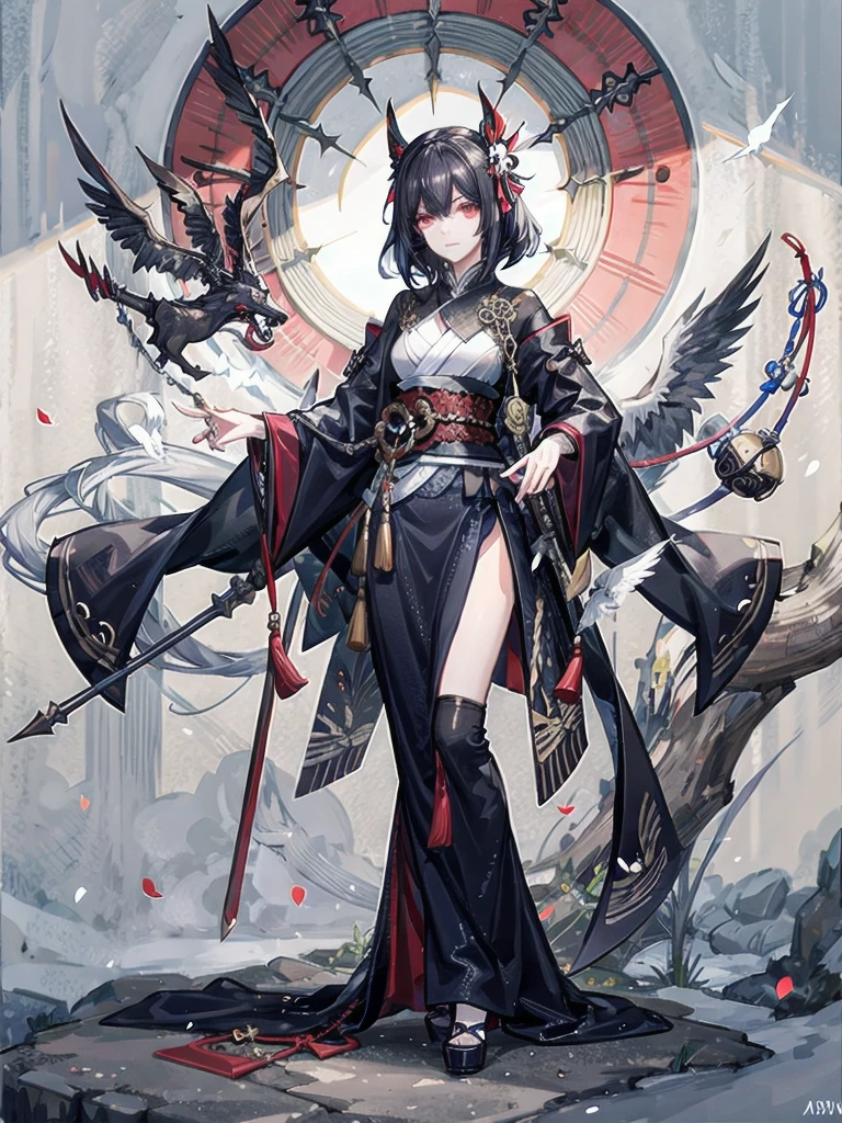((in shrine)), red-black costume, holding a sword, Onmyoji, nobushi, Flowing white robe, Ghost fire, Daoism, (put on Mask), absurdres, RAW photo, extremely delicate and beautiful, masterpiece, Best Quality, ultra high resolution, 32k, hyperrealistic, ultra-detailed, detailed description, pale skin, 20 years old, tearful mole, earring, Colossal tits, short medium hair, wavy hair, evil grin, full body shot,