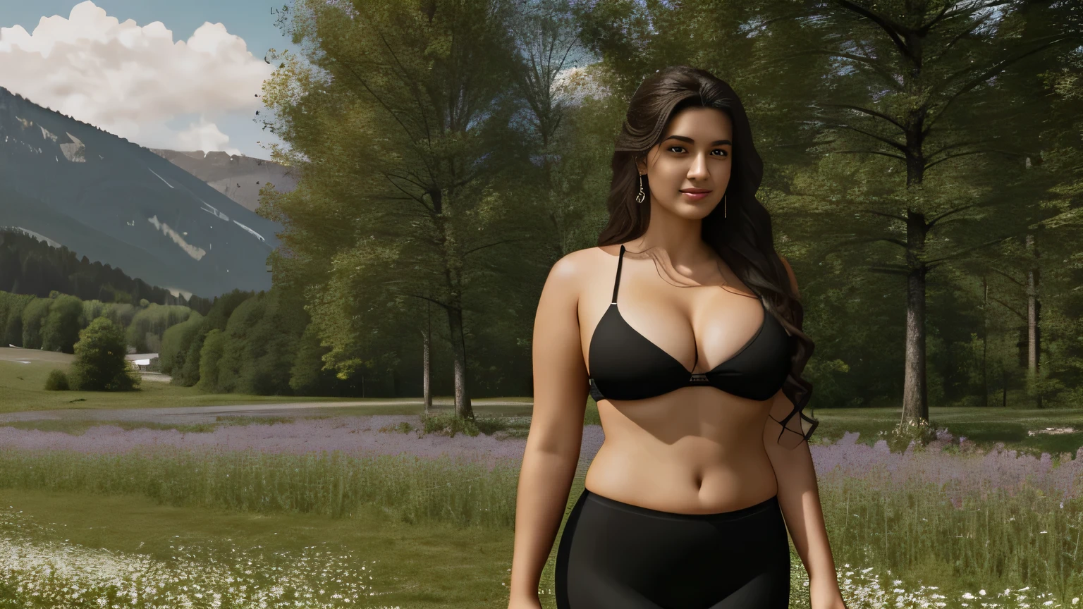 1 Indian XXL plus size adult female, long hair, curly hair, black hair color, body is full size,smooth skin, brown eyes, To smile, vegetation, hour々, business woman style clothes, random , realist, With alpine
meadows background, 8k super realist, super detalhado e realist、front sexy look, underwear on alpine meadows, loose and big size brest mixed ⅚colour