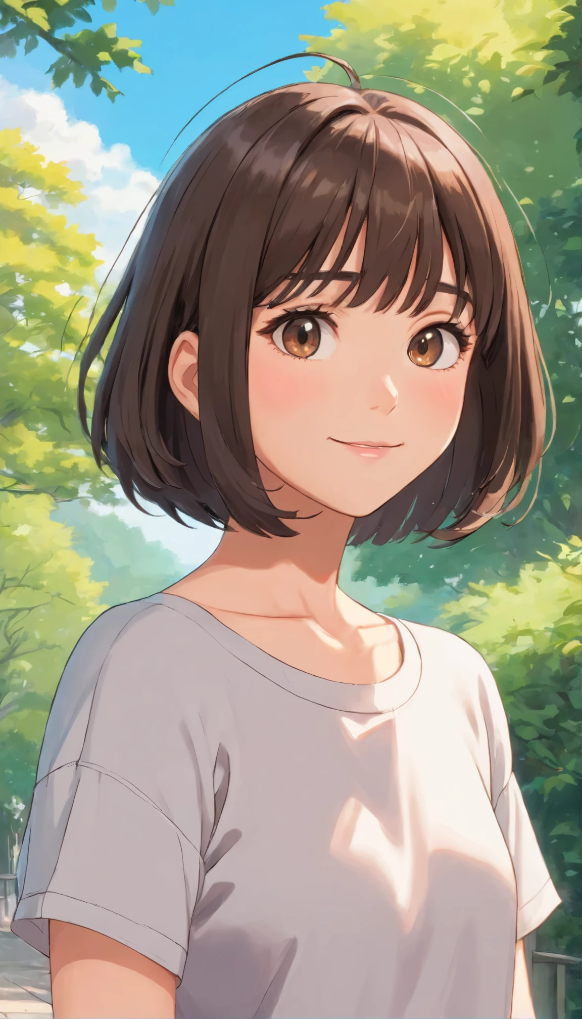 Top Quality, Masterpiece, Ultra High Definition, (Photorealistic: 1.4), (Look Off: 1.4), (Look Off: 1.4), No Look at Camera, Raw Photo, One Girl, Dark Hair, (Straight Bobs: 1.4), (Patsun: 1.4), Bangs, Smile, Glossy Skin, Dramatic Lighting, Neat, T-Shirt, White Summer Sweater, (Big: 0.9), parks