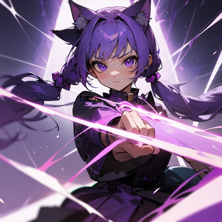 Anime girl with purple hair in high pigtails that looks like cat ears portrait. Add purple lightning sword effects