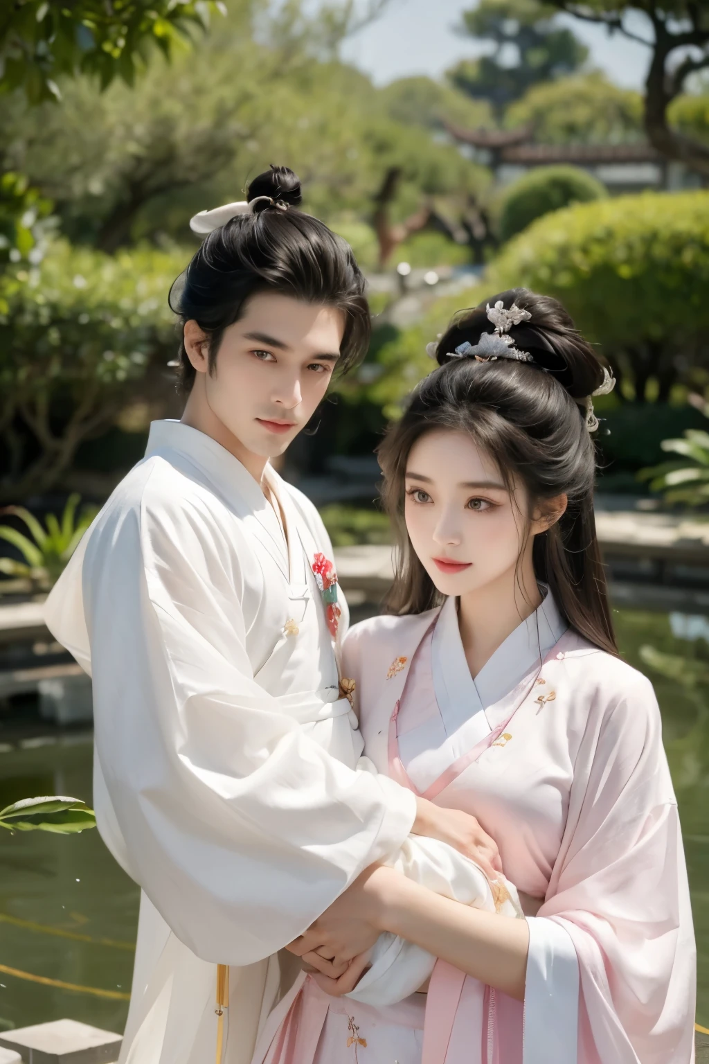 A handsome man and a beautiful woman holding a  girl，Happiness knows no bounds，Quiet and peaceful，A faint smile，Chinese Garden，Chinese clothing and accessories，Black Hair，Perfect face