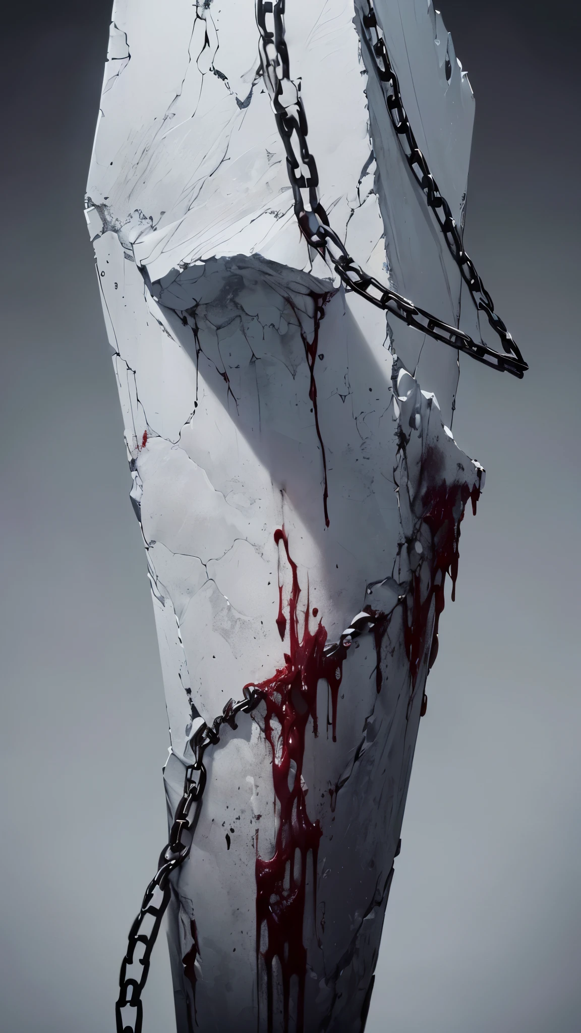 ((8k resolution))、((highest quality))、((masterpiece))、((Very detailed))((((dramatic))), (Anatomically correct)、The depth of the object to write、Looking at the camera、(woman、front、Blindfold、Pale skin、Completely naked、Bloody)、Bind to the Monolith、Chain、Sealed、spooky、an ominous、(theme、whole body:1.1), White Background