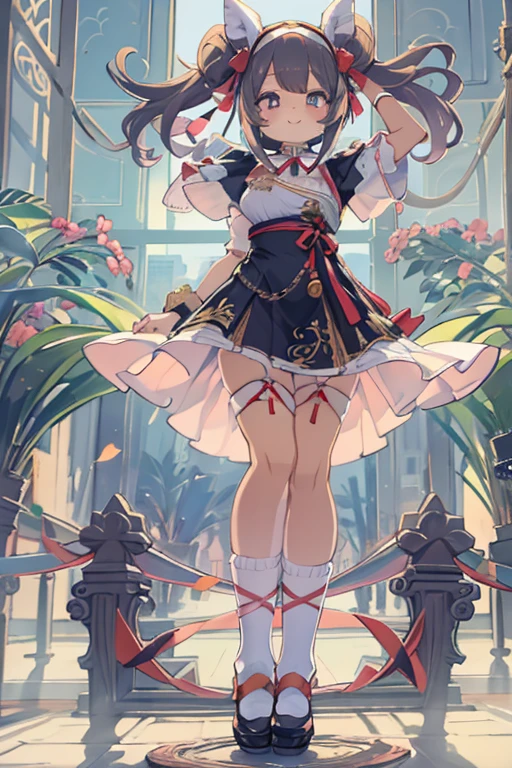 Drill Hair, curtained hair, Hair Bun, Big Hair, Medium Hair, Ribbon Hairband, Heart-shaped pupils, Raise your eyebrows, smile, Pursed lips, Surrealism, Renaissance, anime, anime style, Cinema Lighting, Depth of written boundary, God&#39;s Rays, Cast a Shadow, Fujicolor, First Person View, throw, Wide angle, anime style, Surrealism, Hmph, retina, Squat, Accurate, Textured skin, Attention to detail, High resolution, 16K,Leg spread,Spread your legs,Pull up your skirt,