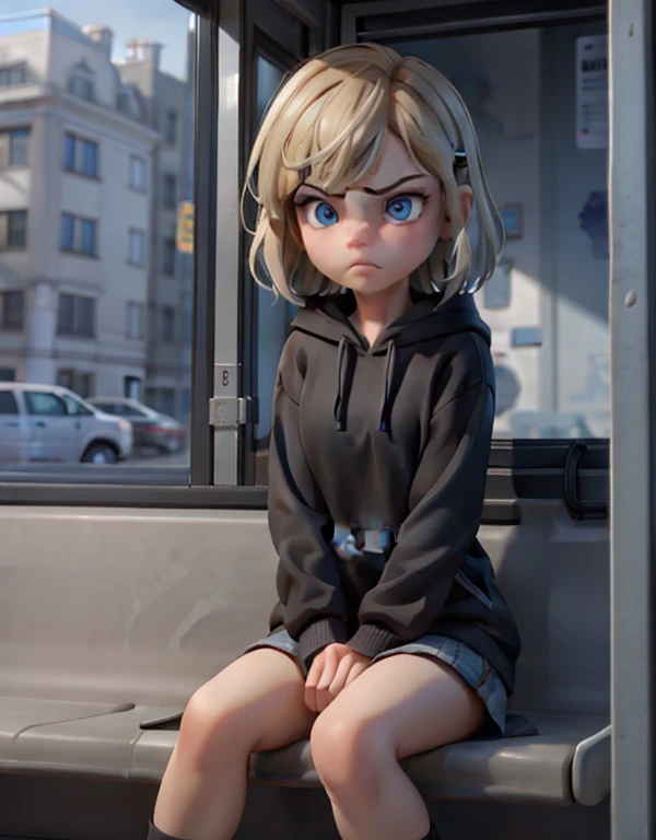 masterpiece, Blonde short hair, blue eyes,  best quality, 1girl, Riley, wearing black hoodie, (serious look , sad in a bus)), pixar, cartoon, 3d render, sfw, sitting , 