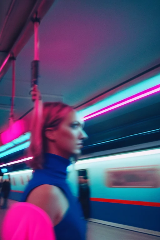 woman standing in a subway in a neon lights in a subway car, blue and pink and cinematic lighting, cinematic blue and pink lighting, cinematic and dramatic blue and pink light, high blue and pink lights, blue and pink lights, blue and pink neon lights, by Emma Andijewska, red lighting, atmospheric blue and pink lighting, blue and pink lighting on their faces, style of suspiria and neon demon, blue and pink neon, blue and pink light, long exposure
