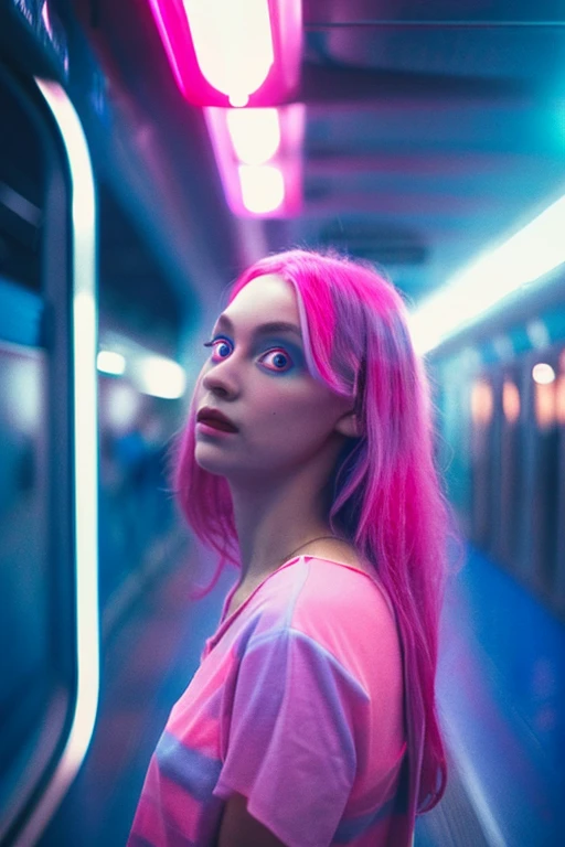 woman standing in a subway in a neon lights in a subway car, blue and pink and cinematic lighting, cinematic blue and pink lighting, cinematic and dramatic blue and pink light, high blue and pink lights, blue and pink lights, blue and pink neon lights, by Emma Andijewska, red lighting, atmospheric blue and pink lighting, blue and pink lighting on their faces, style of suspiria and neon demon, blue and pink neon, blue and pink light, long exposure