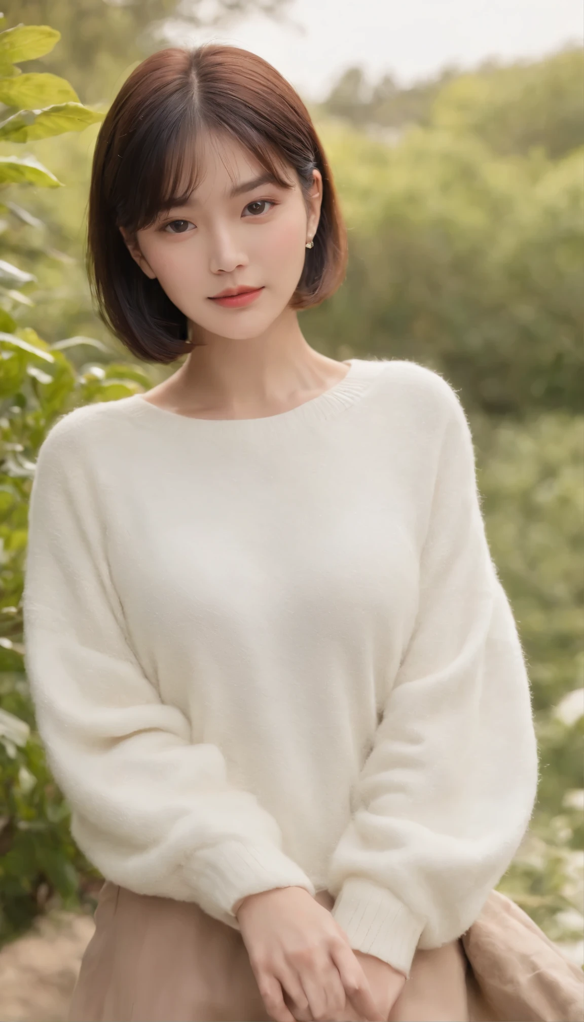 highest quality、masterpiece、Ultra high definition、(Photorealistic:1.4)、(Lookoff:1.4)、(Lookoff:1.4)、Don't look at the camera、Raw photo、One Girl、Black Hair、(Straight Bob:1.4)、(Patsun:1.4)、bangs、smile、Shiny skin、Dramatic lighting、Neat、T-Shirts、White summer sweater、(big:0.9)、garden