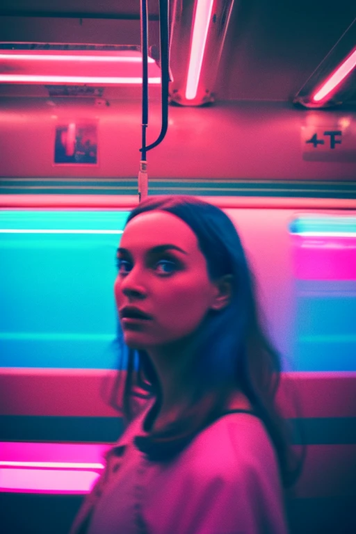 woman standing in a subway in a neon lights in a subway car, blue and pink and cinematic lighting, cinematic blue and pink lighting, cinematic and dramatic blue and pink light, high blue and pink lights, blue and pink lights, blue and pink neon lights, by Emma Andijewska, red lighting, atmospheric blue and pink lighting, blue and pink lighting on their faces, style of suspiria and neon demon, blue and pink neon, blue and pink light, long exposure

