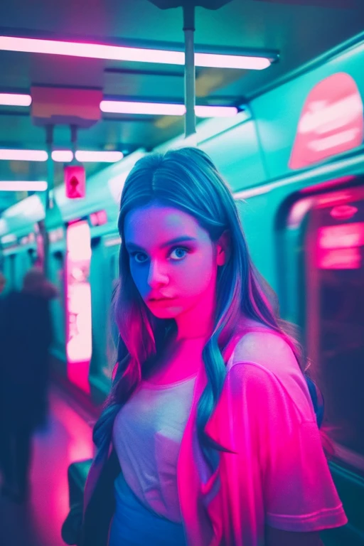 woman standing in a subway in a neon lights in a subway car, blue and pink and cinematic lighting, cinematic blue and pink lighting, cinematic and dramatic blue and pink light, high blue and pink lights, blue and pink lights, blue and pink neon lights, by Emma Andijewska, red lighting, atmospheric blue and pink lighting, blue and pink lighting on their faces, style of suspiria and neon demon, blue and pink neon, blue and pink light, long exposure