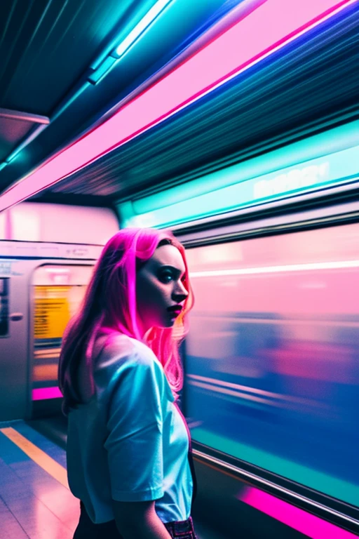 woman standing in a subway in a neon lights in a subway car, blue and pink and cinematic lighting, cinematic blue and pink lighting, cinematic and dramatic blue and pink light, high blue and pink lights, blue and pink lights, blue and pink neon lights, by Emma Andijewska, red lighting, atmospheric blue and pink lighting, blue and pink lighting on their faces, style of suspiria and neon demon, blue and pink neon, blue and pink light, long exposure
